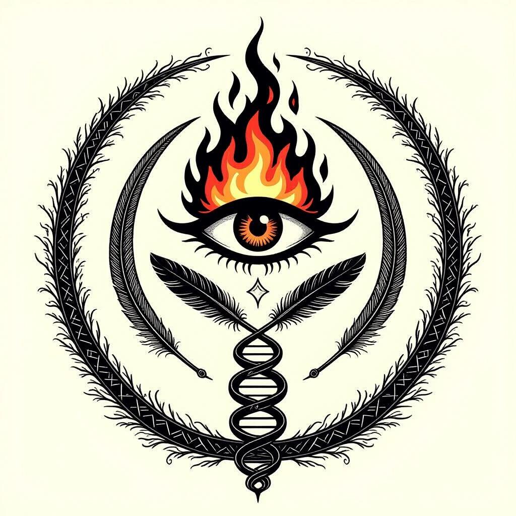 High resolution vector style mystical arcane insignia inspired by secret orders and fantasy RPGs. A large flaming eye symbolizes occult knowledge. Below the eye crosses a scythe and feather quill. Concentric circles with glowing runes are behind the eye. A spiral staircase resembling a DNA helix rises at the bottom. Double-lined circular border encircles the emblem. The symbol 'ʎ' is on the left arc, and 'DEMOCRUSIA' appears on the right in serif lettering, with the number '8' below.