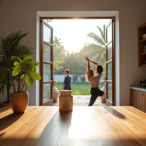 Ultra-realistic front-facing view from inside a luxurious modern Indian home. Sophisticated design with white walls, grey and blue accents, and minimal decor. Rich wooden table near an open window. Premium protein tub and ceramic pot with indoor plant on the table. Indian mother and child doing yoga in a lush garden. Entire scene reflects modern luxury, wellness, and family bonding.