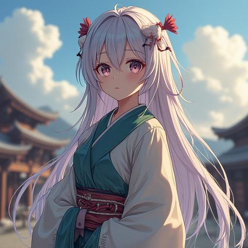 Character with long white hair in traditional Japanese clothing. Background shows scenic Japanese architecture. Soft colors illuminate the scene.