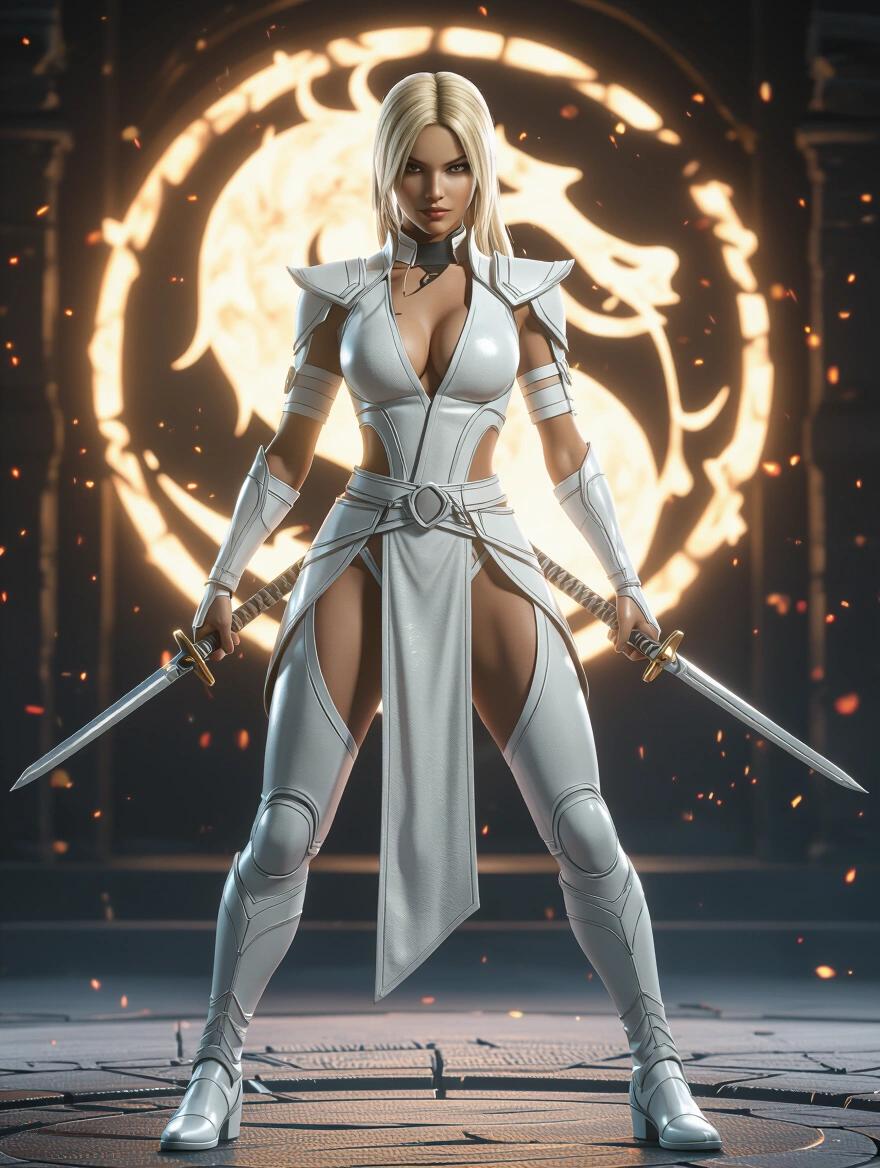 Realistic full-body character image with a warrior in a shiny white combat suit. Character has long blonde hair and holds two swords. Dramatic backlighting enhances the visual impact. Ultra sharp detail highlights the outfit and poses.