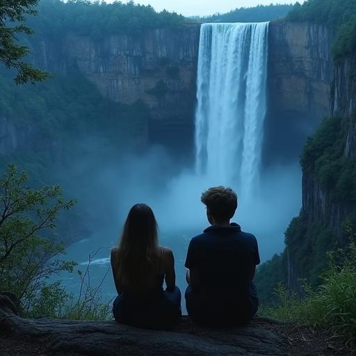 Teenage couple on a high cliff overlooking a waterfall. They sit on a log viewed from behind. It is night time. The scene captures a fantasy setting with a wide shot of the surroundings.