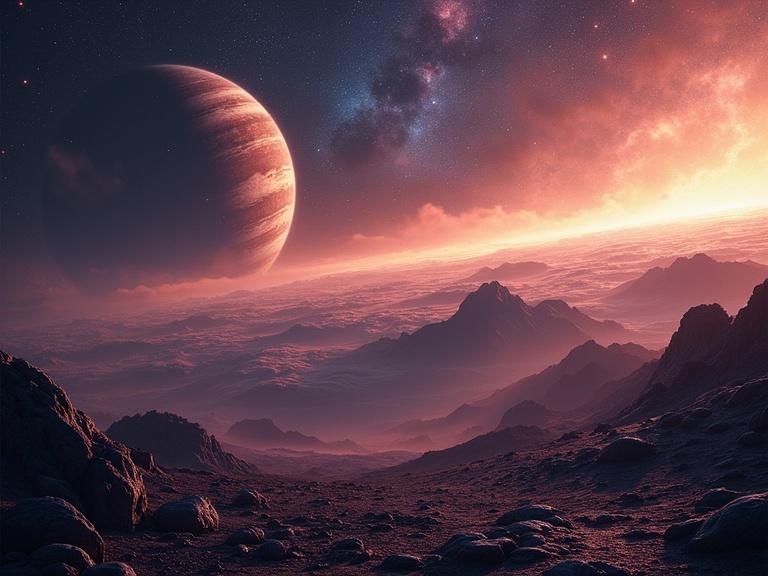 Breathtaking view of distant galaxy from surface of alien planet. Glowing cosmic dust and massive ringed planet in sky. Ultra-detailed sci-fi realism with dark yet vibrant colors.