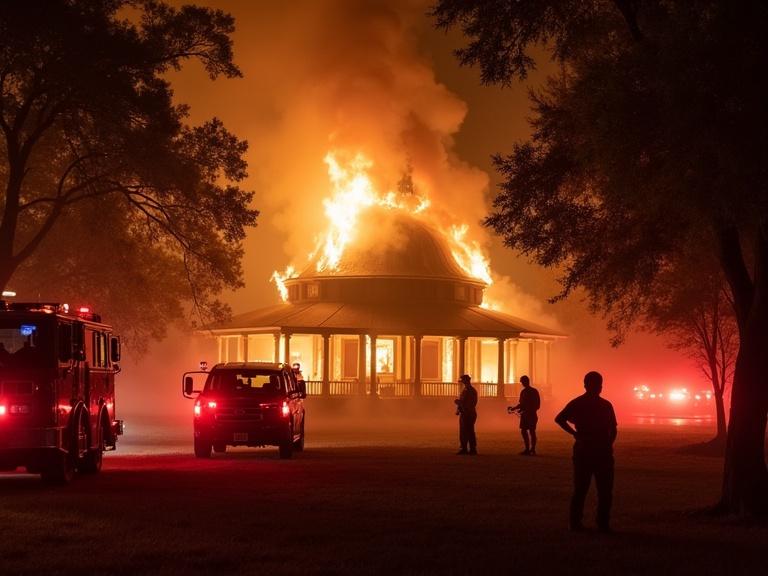 Old Southern plantation house engulfed in flames. Emergency vehicles present. Firefighters at the scene. Onlookers watching in horror at night.