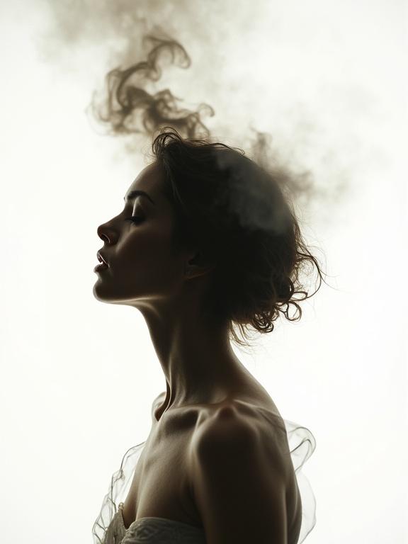 Dramatic surreal portrait photograph of a French supermodel against a white background. Partially translucent form with fragmented edges. Wisps of dark smoke swirl from her head resembling ascension. Soft diffused lighting bathes the scene in warm glow. Captivating contemplative atmosphere.