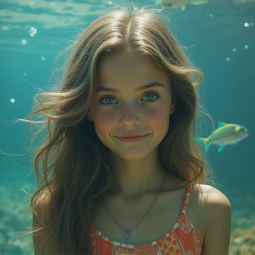 Girl swimming underwater with fish. Long flowing hair and bright eyes. Natural light creates a serene atmosphere. Colorful surroundings. Joyful expression.