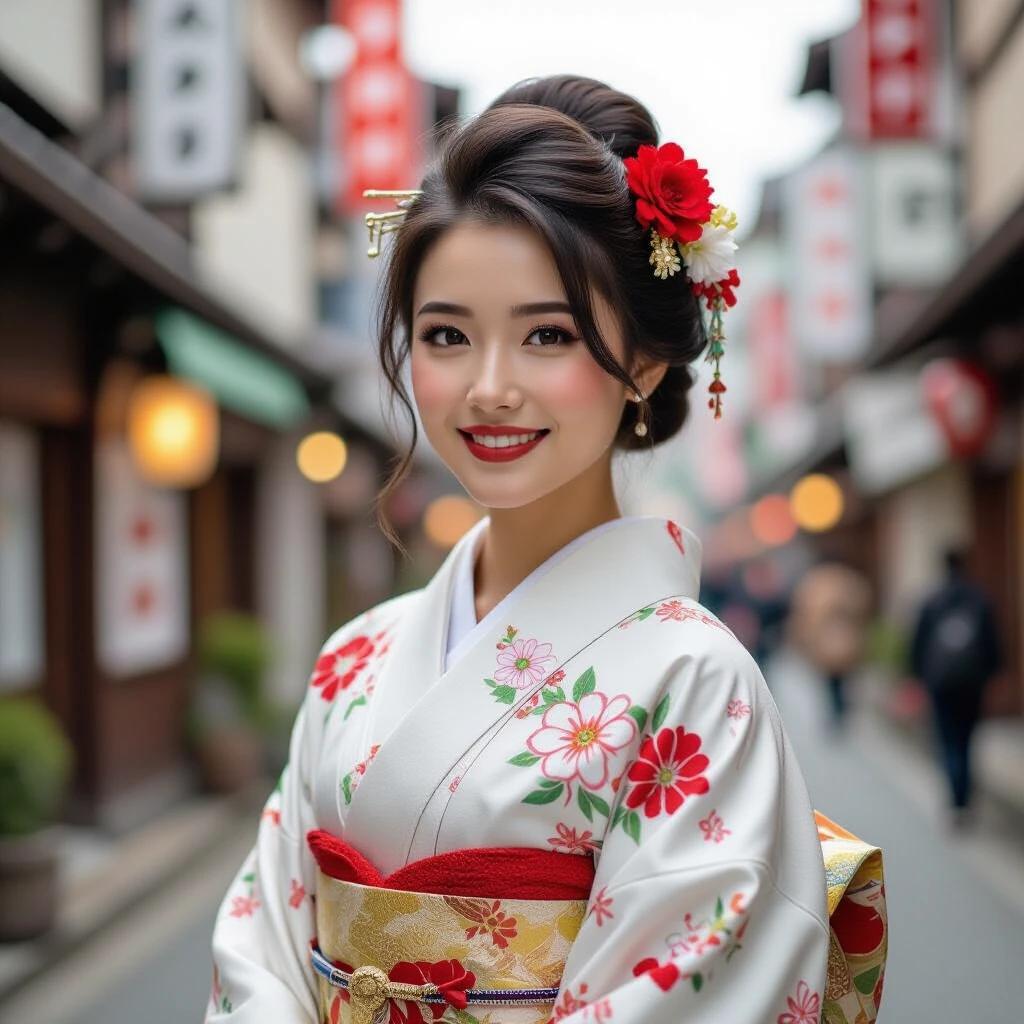 Beautiful Japanese woman wearing a traditional kimono in a historic street with red banners