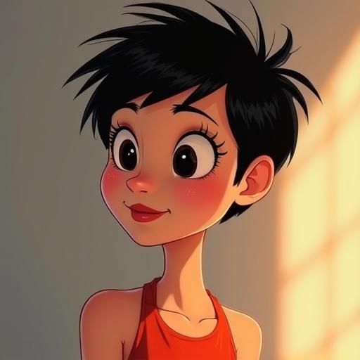 Pixar animated character with short black hair. Character has big expressive eyes and a slim thick figure. Wearing a casual red tank top. Soft lighting in the background highlights character.