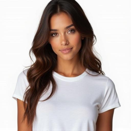 Portrait of a professional fashion model with long brown wavy hair. Tan skin and brown eyes. Wearing a white T-shirt. Realistic photo with head and shoulder view. White background.