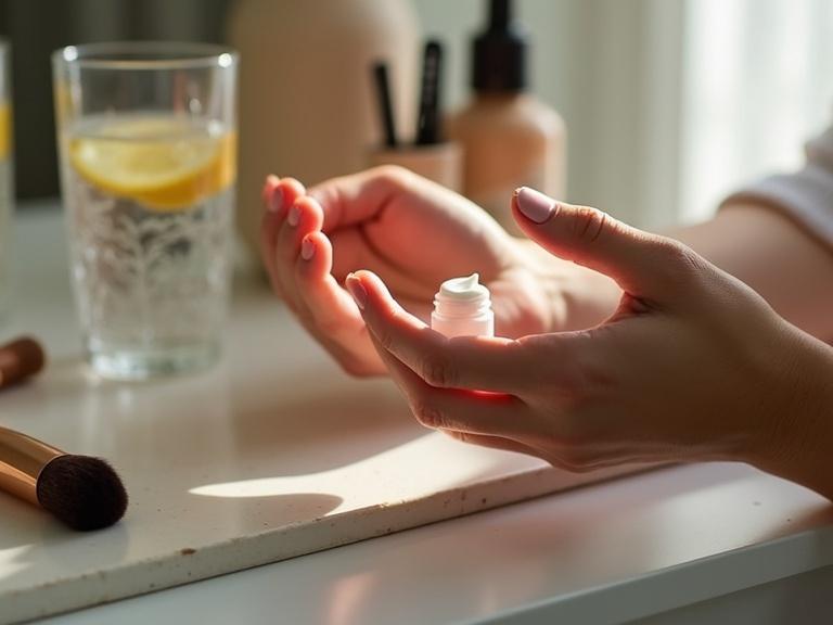 Close-up of hands applying retinol cream. Surrounded by makeup brushes and sheer foundation. Water glass with lemon slice. Set on a cozy vanity. Soft morning light creates a warm atmosphere. Daily rituals that emphasize youthfulness.