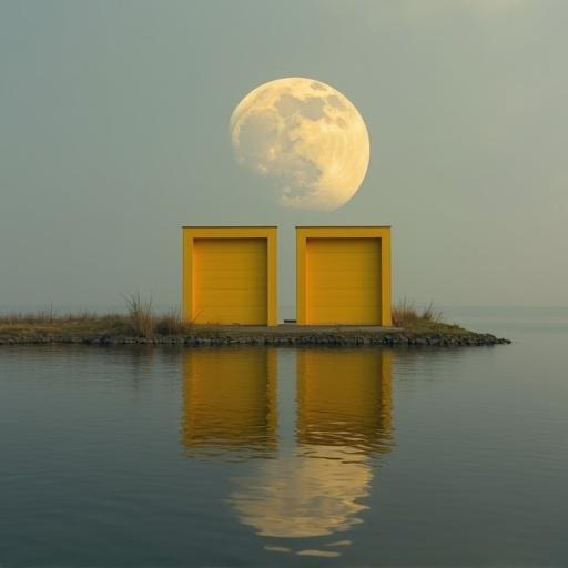 Yellow commercial gates stand on a grassy island in a still body of water. A large moon casts a soft glow. The gates and their reflections create a symmetrical composition. Muted colors create a peaceful atmosphere.