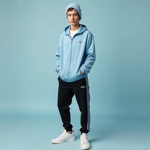 Full body portrait of a young male wearing a light blue tracksuit and black track pants. He has a beanie on his head and white trainers. His look is stylish and casual, with a relaxed pose.