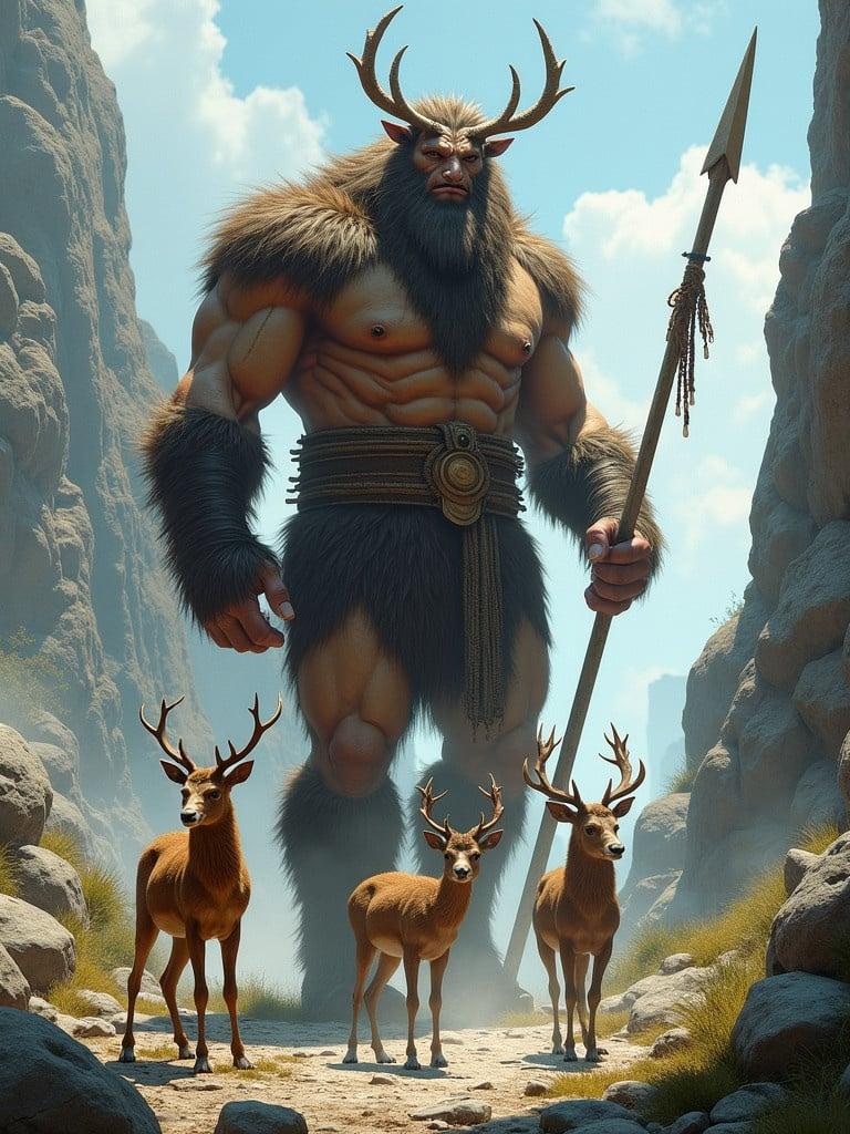 Giant humanoid creature in a rocky landscape. Creature is muscular and covered in fur, holding a spear. Smaller deer are present. The environment includes dramatic cliffs and clear skies. Scene embodies myth and nature. Evokes imagination and storytelling.