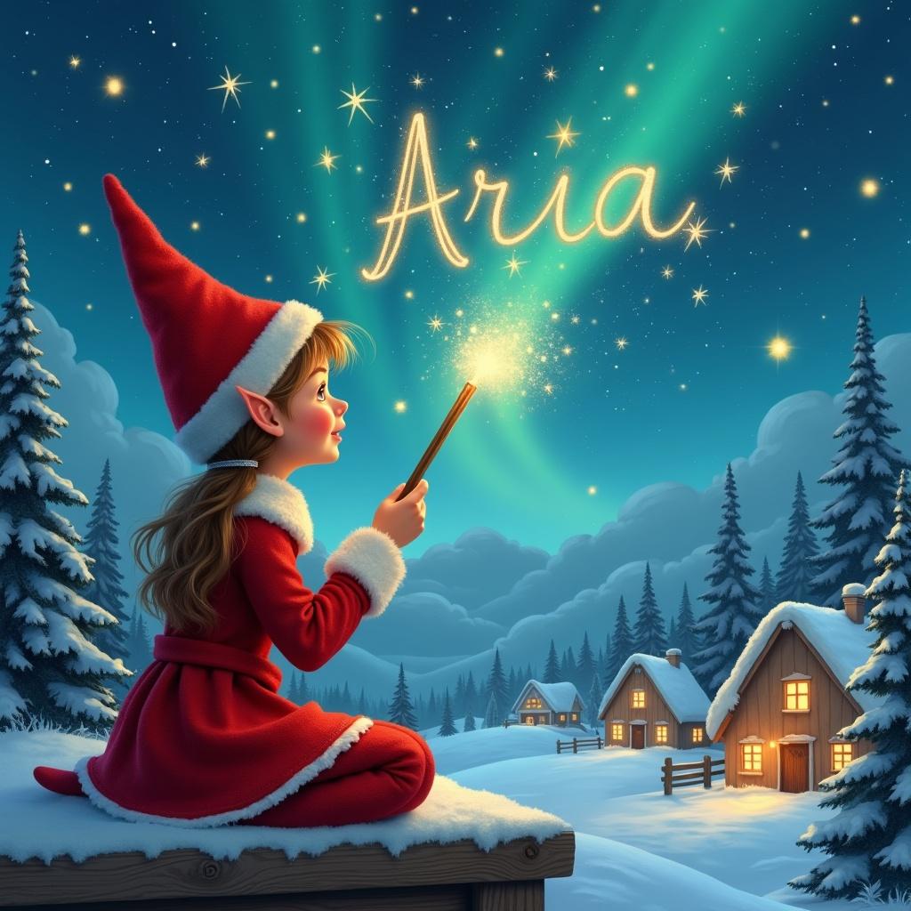 Elf sits on a wooden ledge looking at a magical sky. Dressed in red with a pointed hat, holds a sparkling wand. Writing 'Aria' in the starry sky. Scene has snowy landscape, charming houses, and evergreen trees under Northern Lights. Depicts childhood magic and Christmas cheer.