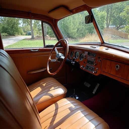 Historic car interior featuring wood details. Natural sunlight illuminates the space. Dashboard and seats visible in an inviting atmosphere. Lush green exterior surroundings.