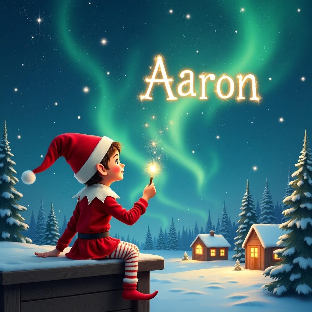 An elf sits on a wooden ledge with its back to the camera, gazing at a magical sky. Dressed in a red outfit with a pointed hat, the elf holds a sparkling wand. With the wand, the elf writes the name 'Aaron' in the starry sky. The scene is painted with a snowy landscape, charming little houses, and evergreen trees under shimmering Northern Lights. This whimsical depiction captures the essence of childhood magic and Christmas cheer. The elf elegantly adds the names 'Natasha' and 'Melissa' in the same starry sky, enriching the magical atmosphere.