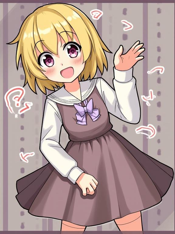 A cute anime girl with blonde hair and purple eyes wearing a dress. She is waving cheerfully. The background features soft patterns in muted colors. The character has a bright and joyful appearance.
