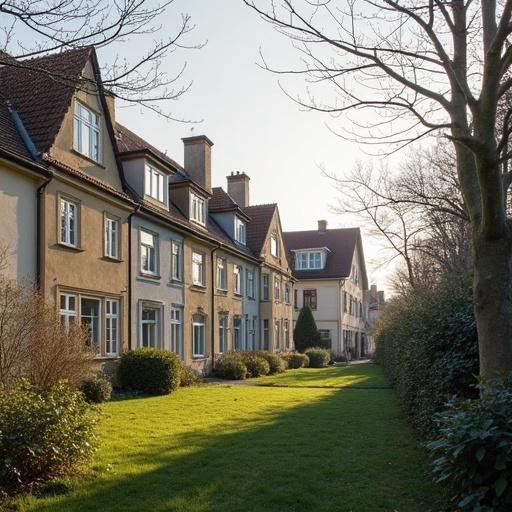 A row of houses in a residential area during sunset. The focus is on well-kept buildings along a green lawn. The sky is clear. There are trees and shrubs on the sides. This setting reflects community concerns regarding urban development.