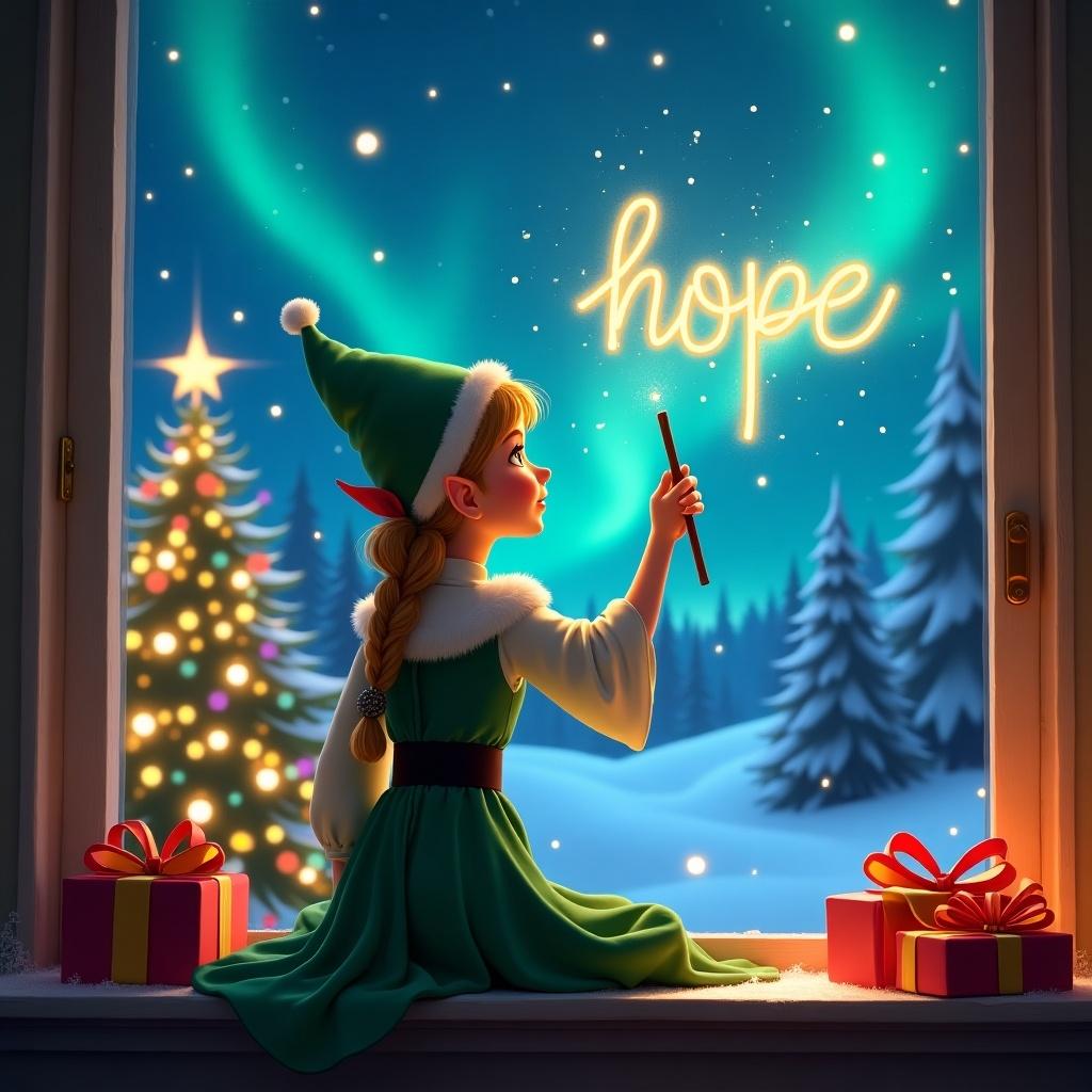 The image features a female elf on the shelf, sitting with her back to the viewer. She faces a beautiful sky lit by northern lights, using her magic wand. The wand is elegantly writing the word 'hope' in the air. In the background, there's a festive Christmas tree adorned with lights and presents at the bottom. The scene captures a magical Christmas atmosphere full of joy and wonder.