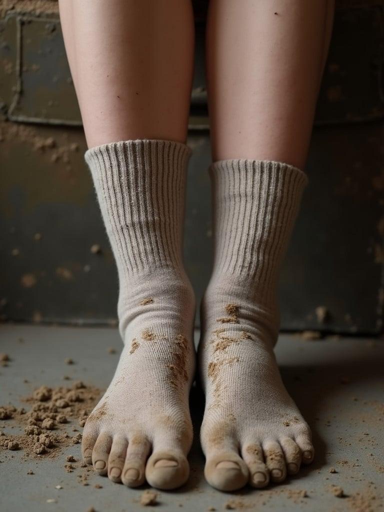 A close-up view of dirty female feet wearing beige ribbed socks. The feet show dirt stains as they rest on a textured surface. The background is slightly blurred but contains hints of brown and gray tones.