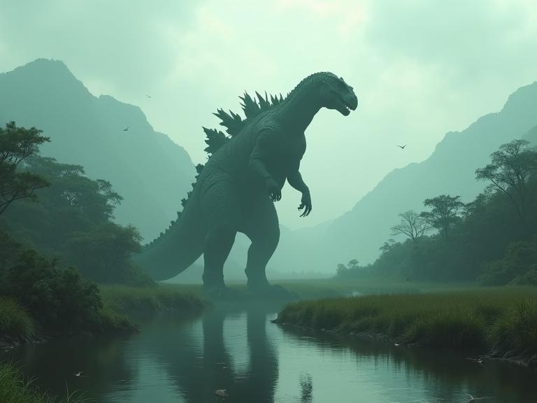 A huge T-rex dinosaur resembling Godzilla walks across grassy mountains. The setting features trees a river and small birds. The atmosphere is foggy and cloudy. The image has a grey greenish filter with rich textures and shadows conveying realism.
