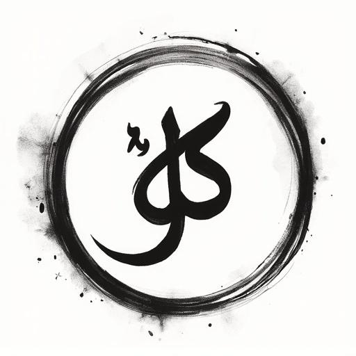 Calligraphy art featuring Arabic text in simple style, written letter by letter. Design in a circular format using black ink on a white background.