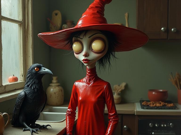 Surreal whimsical painting of a witch in red latex. Elongated forms and exaggerated proportions. Large glossy eyes. A whimsical crow present. Dark kitchen setting. Soft textures and muted background. Eerie yet playful atmosphere with subtle shading and delicate highlights.