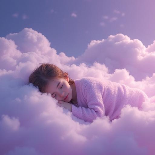 A girl sleeps peacefully on a purple cloud surrounded by soft fluffy clouds on a dreamy background.