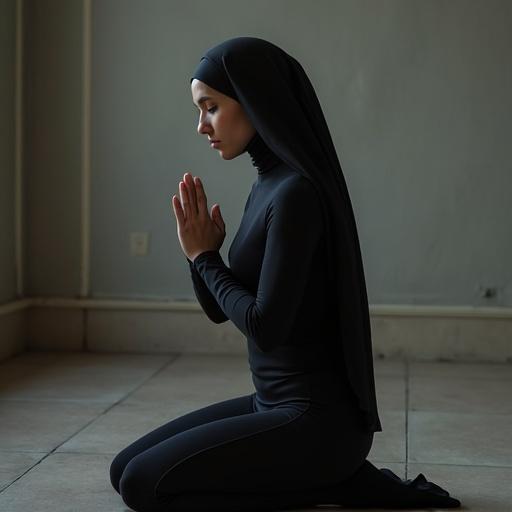 A solitary figure in skintight attire kneels in prayer. The setting is peaceful and simple. The individual has a headscarf covering the hair. The atmosphere conveys calmness and spirituality.