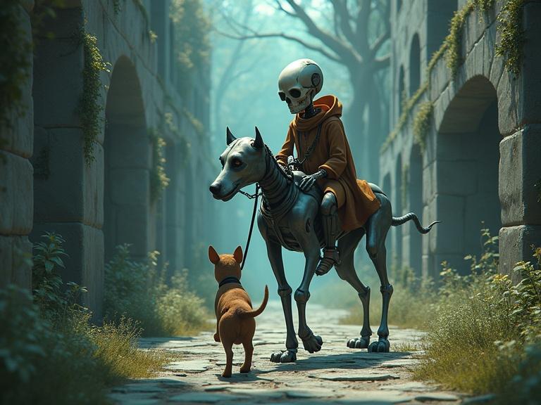 Disney Cartoon. A captivating image featuring a sophisticated skeleton dog-like robot riding a real dog in a labyrinth. The setting has intricate stone walls and winding paths. The scene blends cyberpunk with fantasy. Atmospheric lighting enhances a vibrant digital art style.