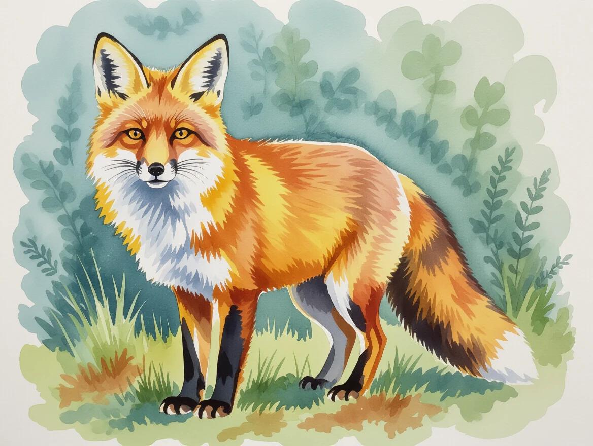 A watercolor painting shows a fox standing in grassy area. The fox has vibrant orange fur with a white chest. The background features green foliage. The overall style is cartoonish and colorful.