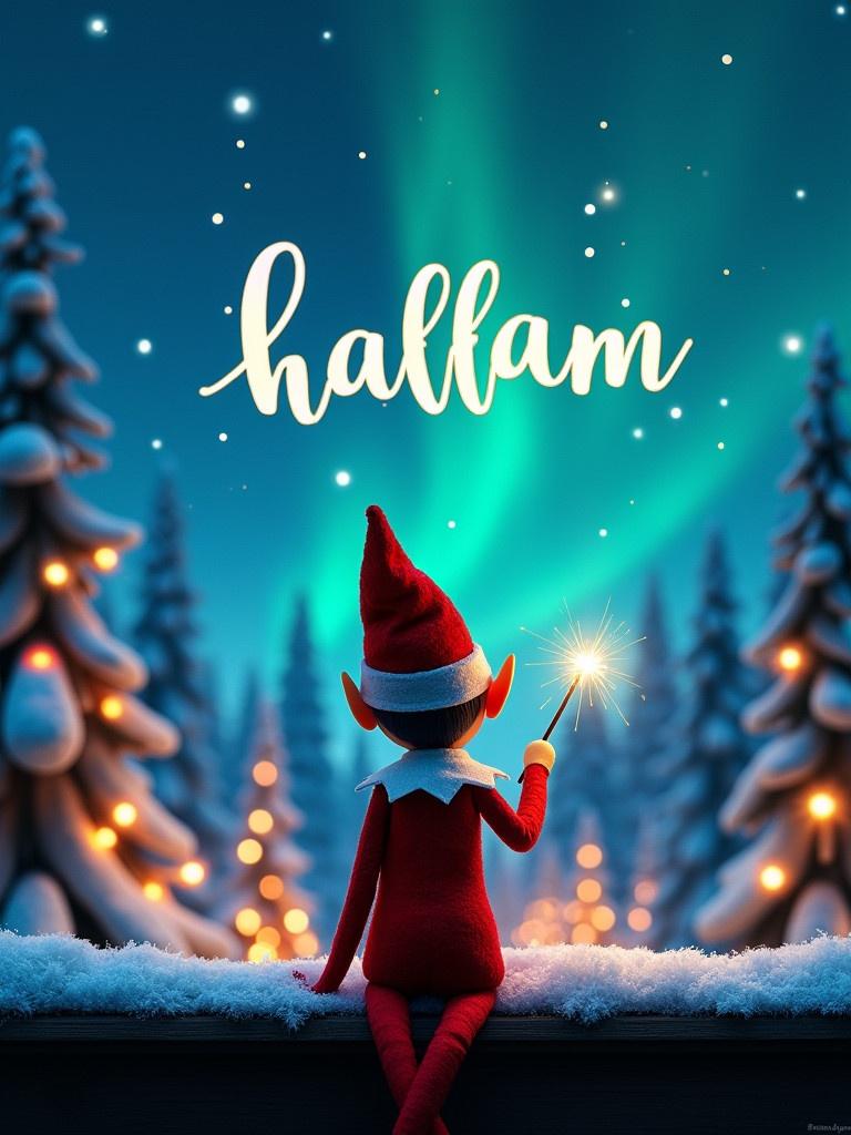 An elf is sitting on a shelf. The elf is looking at a magical night sky. The sky is filled with northern lights. Snow-covered trees surround the scene. The elf is using a wand to write names. The name 'Hallam' is displayed elegantly. Santa Claus is visible in the background.