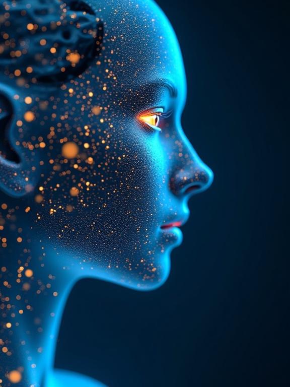 Futuristic digital AI face features intricate details. Face interacts with streaming binary code. Color scheme includes blue and light orange. Represents human-technology integration.