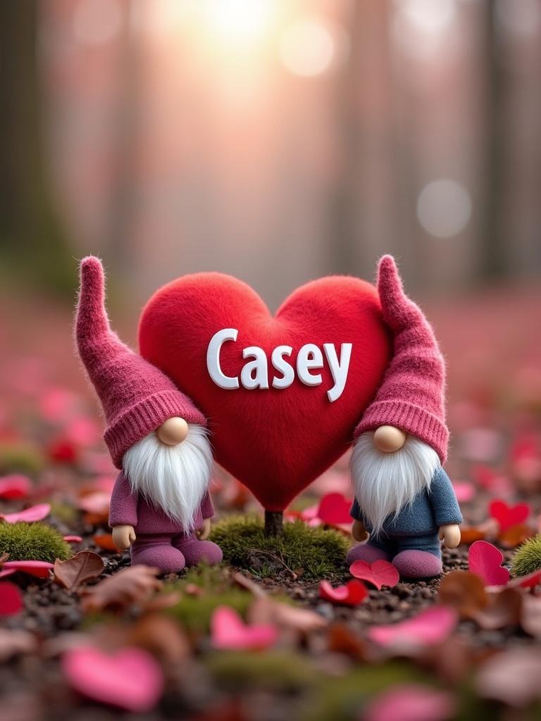 A whimsical valentine background featuring a plush red heart labeled Casey. Two cute little gnomes stand beside the heart. The background is filled with soft pink and red foliage. The scene evokes a warm romantic feel with gentle lighting.