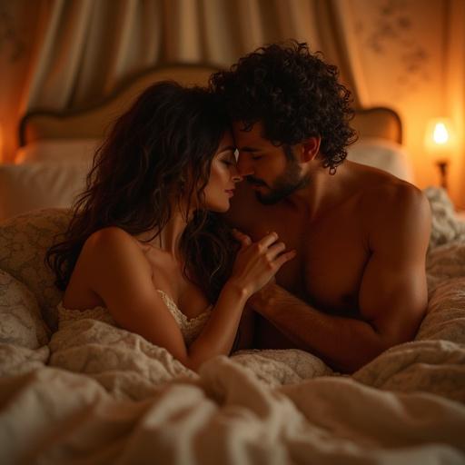 Couple entwined in intimate embrace on beautifully adorned bed. Soft linens and warm candlelight flicker gently. Shot with Canon EOS R5 and a 35mm f/1.4 lens. Warm ambient light creates romantic atmosphere. Tender expressions and intertwined hands emphasized from low angle. Luxurious textures of bedding softly blur in background.
