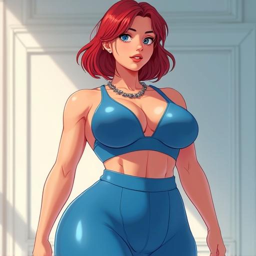Create an anime-style woman with an extremely curvy and exaggerated body. Figure with a defined hourglass shape, large bust and hips, slim waist. Voluptuous proportions in a realistic-anime style with soft details and high-quality textures. Natural and expressive pose. Warm lighting and modern atmosphere. Character has light skin and short, straight, light blonde hair. Fine features and attractive expression that enhances her presence. Dressed in tight-fitting light blue sportswear that accentuates her curves and figure. The outfit is modern and fitted, designed for physical training while maintaining a sexy and elegant style.