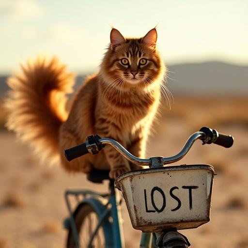 Fluffy ginger cat with orange eyes on a vintage bicycle in a desert. Cat has long fur and playful expression gazing at viewer. Bicycle is rusty blue with a 'LOST' sign in basket. Warm sunlight bathes scene.