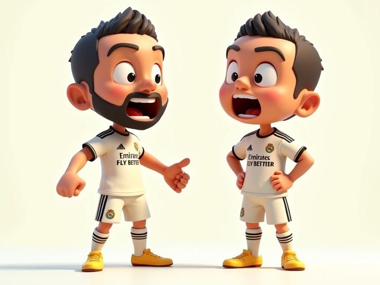 High-resolution digital illustration of two stylized cartoon renderings of Karim Benzema. Figures are chibi-style with exaggerated features. One Benzema dynamic pose with arms outstretched. Other Benzema stands serious with hands on hips. Both wear current Real Madrid away kit. Background features off-white grid. Scene brightly lit with even illumination. Dominant colors cream, black, gold. Subtle shading for figure forms. Clean composition with medium shot from frontal angle.