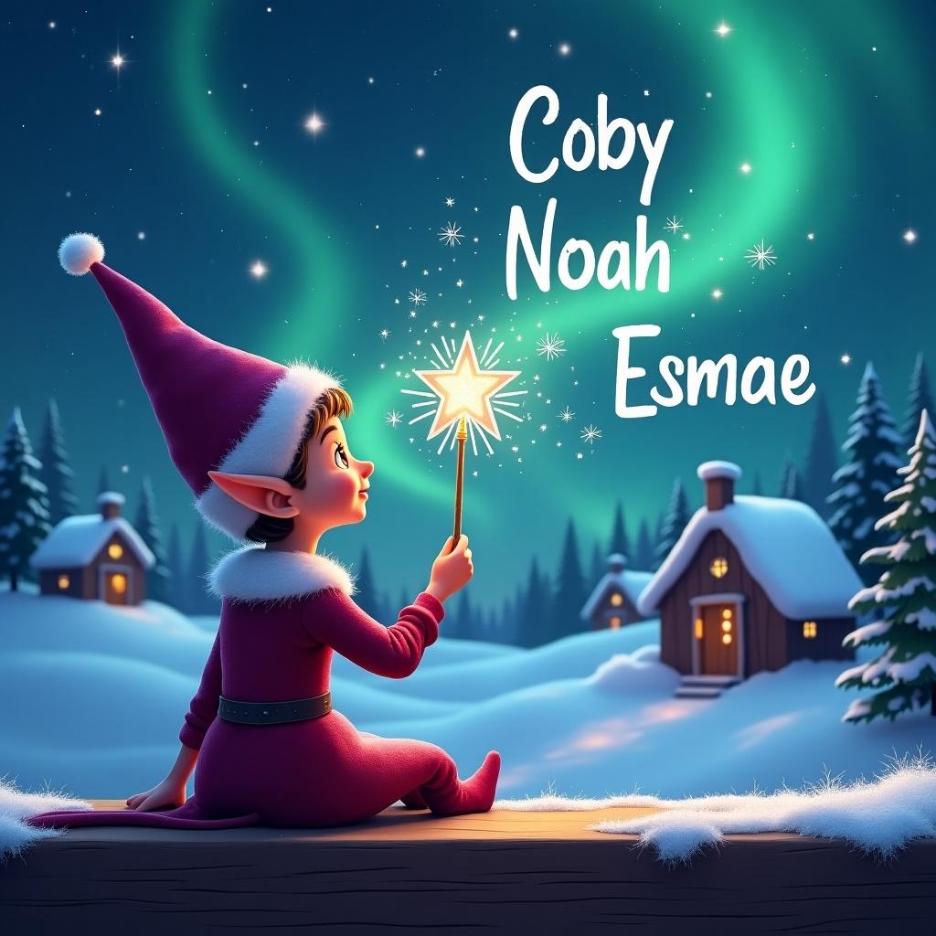 Elf sits on a ledge looking at a magical sky. Elf wears red outfit and a pointed hat. Elf holds a sparkling wand and writes names in the sky. Snowy landscape with houses and evergreen trees is in the background. Northern Lights shimmer above. Scene captures childhood magic and Christmas cheer.