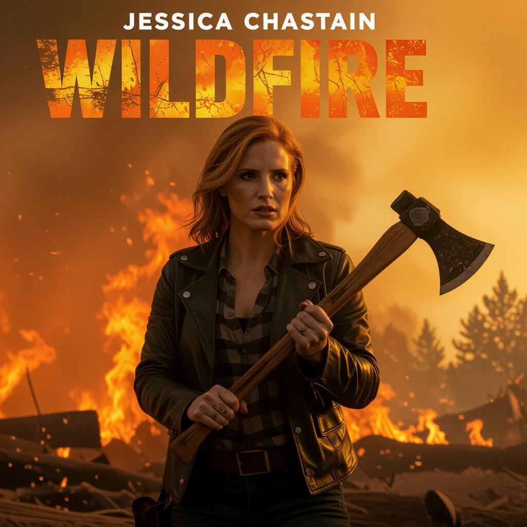 Wildfire County movie poster features Jessica Chastain gripping an axe. Raging wall of fire in the background. Sky glows orange with ember effects. High detail with smoke haze and lens flares.