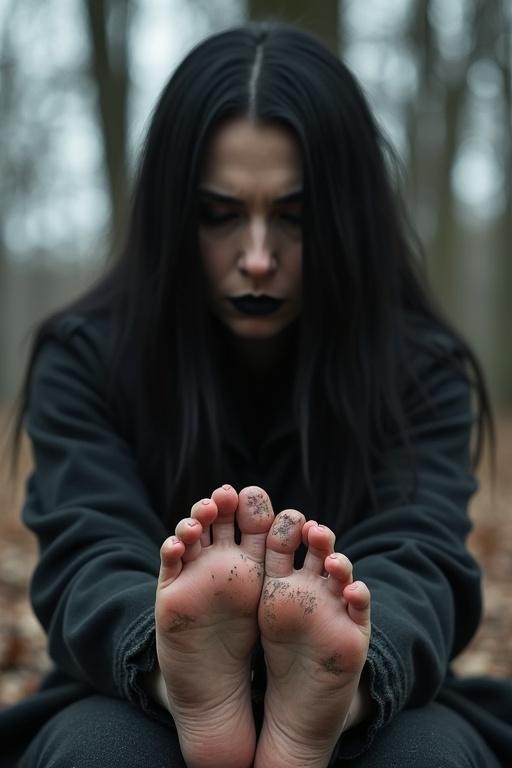 Image features a mature goth woman with long black hair and black lips showing her rotting soles of bare feet. She's sitting on the blanket outdoors. She's worried.