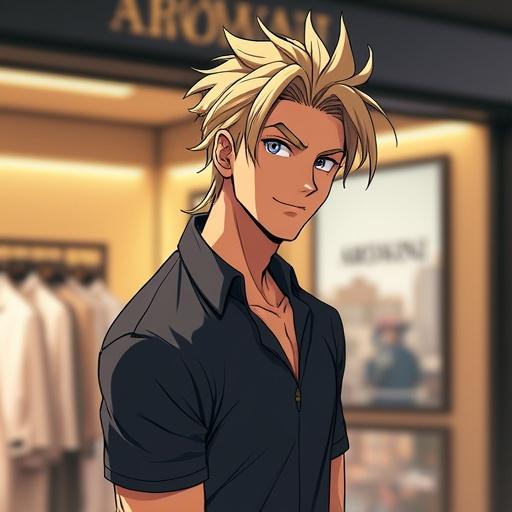 Anime character inside luxurious Armani store. A handsome man with silver eyes and spiky light brown hair. Wearing an expensive polo shirt and showing off muscular build with six-pack abs. Shopping in spring afternoon. Light gold and black colors prominent. Wedding ring visible. Joyful expression. Quarter Brazilian Saiyan, French, Japanese. Mayor of Tokyo.