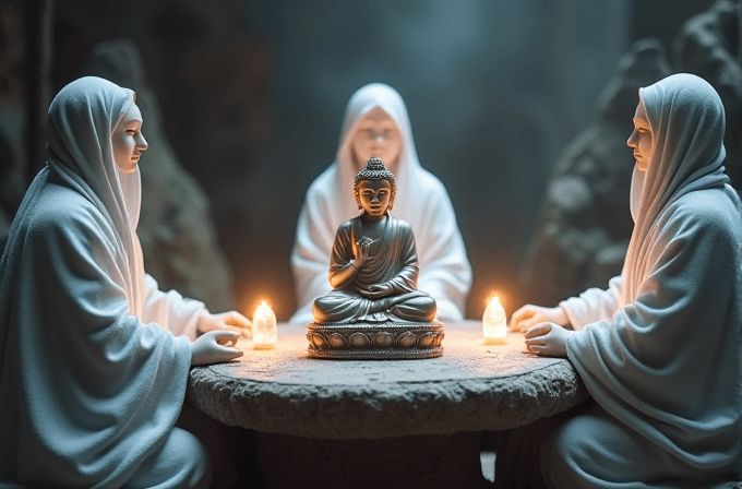 Three robed figures sit around a small Buddha statue on a stone table, with lit candles providing a warm glow.