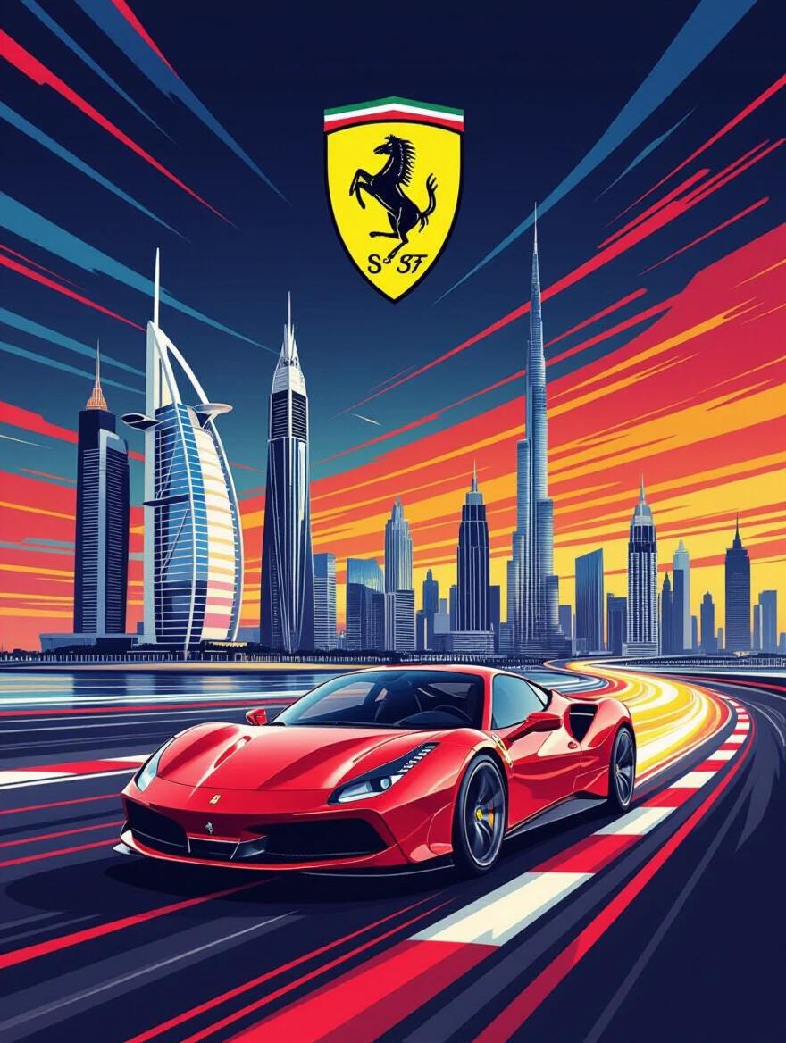 Poster design featuring a Ferrari. Design showcases the global Ferrari logo. Background displays Abu Dhabi's skyline with iconic buildings. Vibrant colors reflect speed. Fluid lines create a sense of motion. Artistic style captures thrill and excitement.