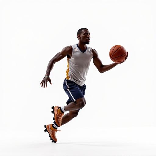 Man playing roller basketball in a standing position with basketball in one hand. Isolated against a white background. Athletic build and wearing sports jersey.