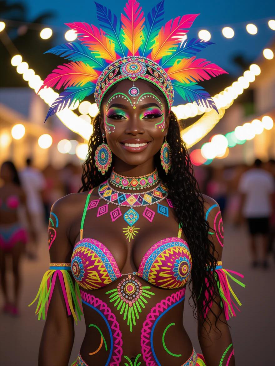 Artistic nude depiction of a young black woman with intricate body painting. Carnival outfit features neon and fluorescent colors. Skin is vividly illuminated. Background displays soft glowing lights. Full body view.
