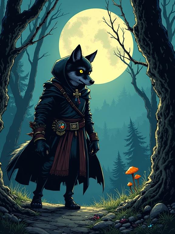 A cunning rogue fox in a cloak stands in a moonlit forest. The forest has whispering trees and glowing mushrooms. The fox looks malicious with a pouch of treasures. The style is dark fantasy comic with crisp lines and dramatic shadows.