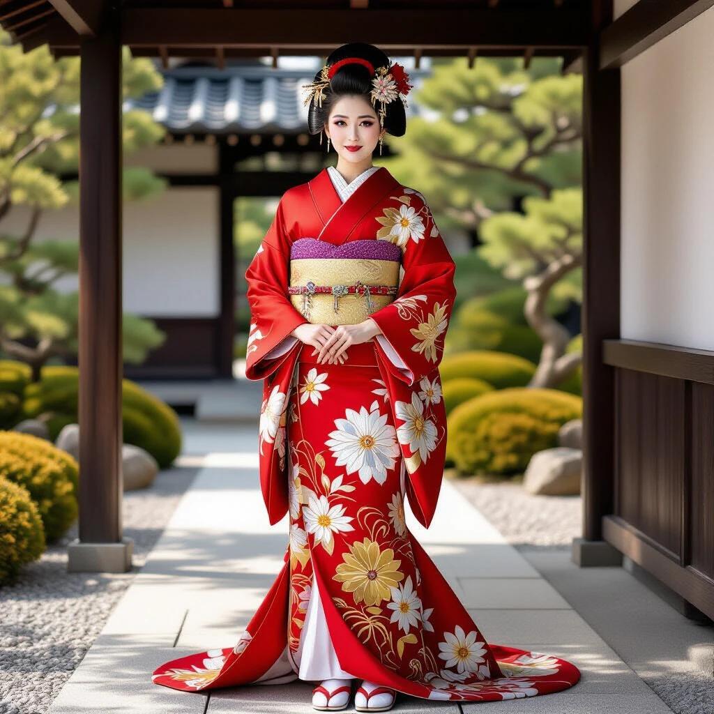 Gorgeous woman wearing a luxurious kimono with deep red and gold embroidery silk. Detailed floral patterns on the garment. Long hem sways with the wind. Elegant, calm expression. Beautiful black hair sways in the breeze. Luxurious Japanese garden in the background. Intricately designed costume details.