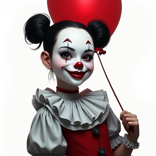 Petite female with dimples and pigtails; wearing creepy clown makeup; shiny black and white clown suit; holding a red balloon; white background; detailed and realistic.