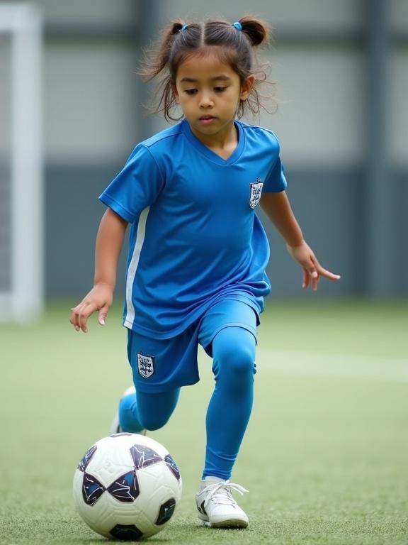 High-quality commercial photo of a 7-year-old girl captured mid-action on an indoor football field. She wears a blue and white sporty football uniform with stretch-fit pants and an athletic top.