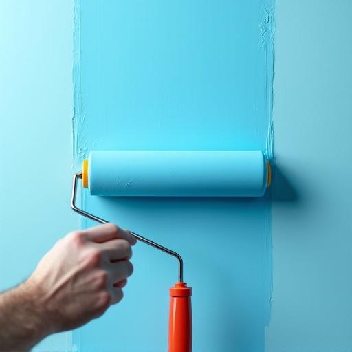 A professional painter rolls blue paint onto a living room wall using a paint roller. The view is very close-up, focusing on hand and brush. The scene is well-lit with natural daylight, showcasing high-quality texture in a realistic style.
